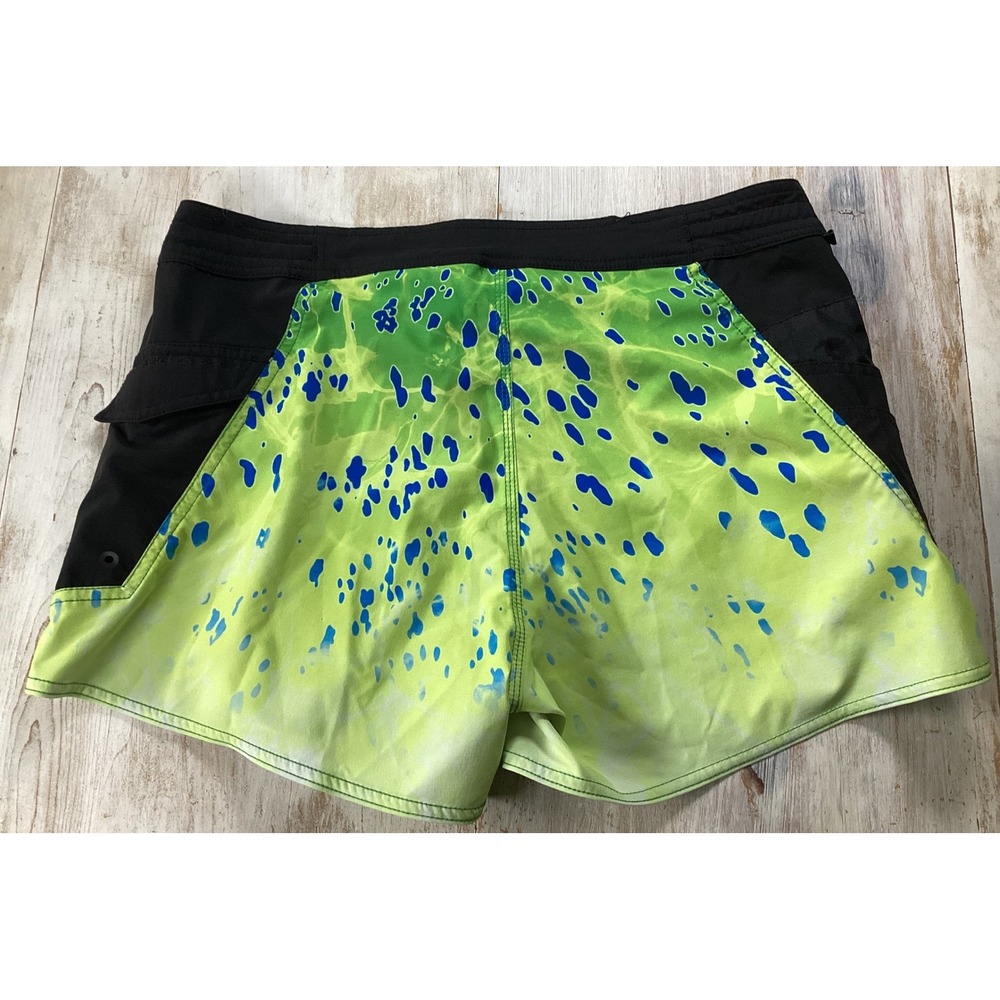 Pelagic Womens Mahi Mahi Board Shorts Green Blue Fishing Swim Trunks Size 10 - Picture 2 of 6